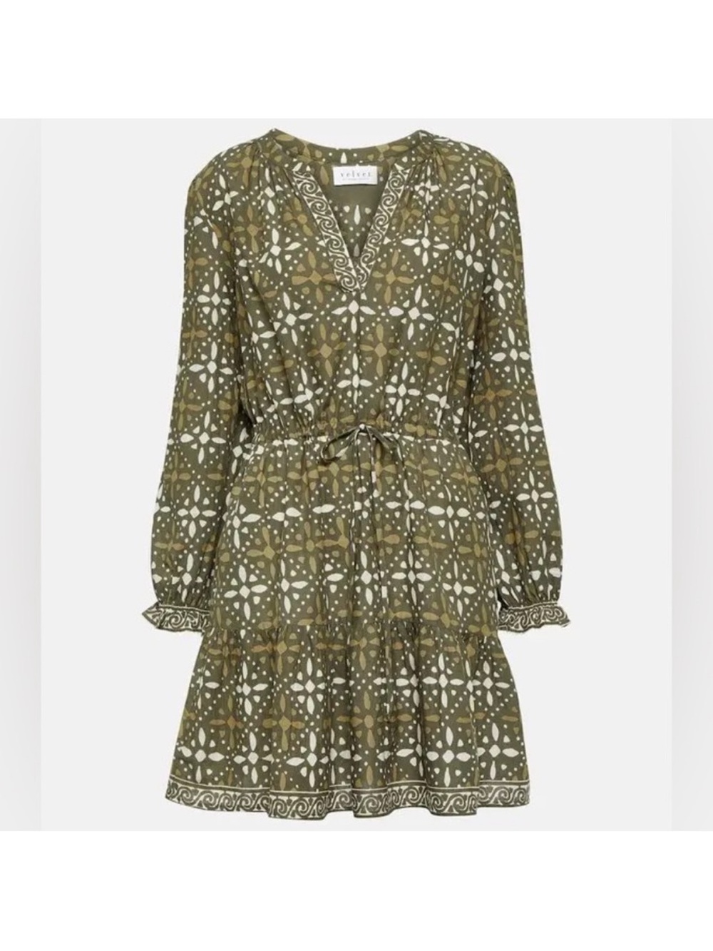 Velvet by Graham & Spencer Olive Green Block Print Cotton Peasant Dress XS